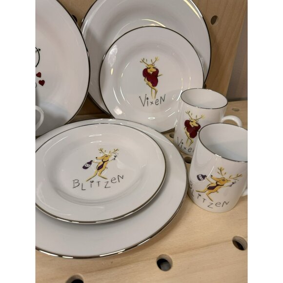 Pottery Barn Playful Reindeer Dishes Comet Vixen Blitzen Cupid 12 Piece 4 Sets - Picture 6 of 15